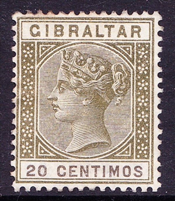 GIBRALTAR 1896 QV 20 Centimos Olive Green SG24 HM