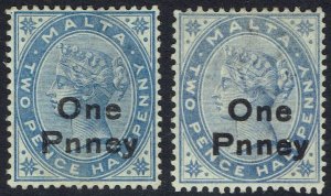 MALTA 1902 QV ONE PNNEY ERROR OVERPRINT BOTH SHADES 