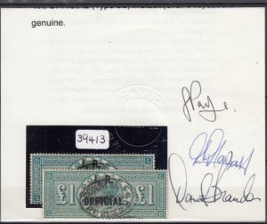 GB QV 1892 £1 Green Official SGlO16 With Certificate VFU BP12937