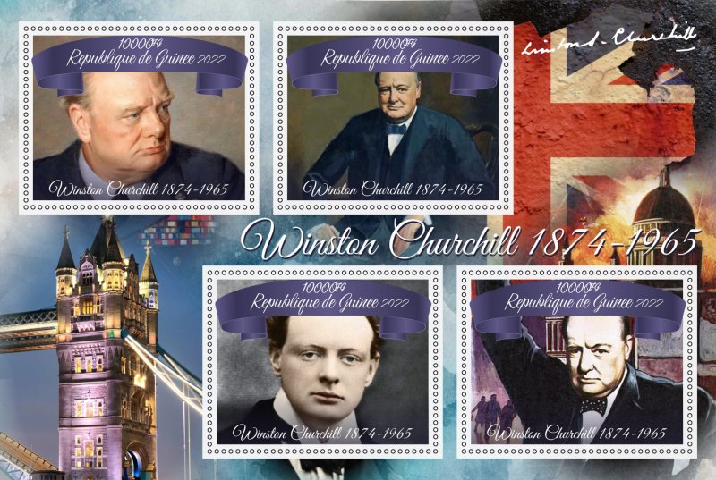 Stamps. Famous People,Winston Churchill Guinee 2022 year 1+1 sheets