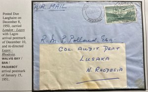 1950 Dun Laoghaire Ireland Airmail Cover Redirected To Lusaka Northern Rhodesia