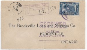 1927 Sudbury to Brockville, Canada Registered solo 12c Confederation (56772)