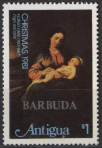 Barbuda 529 (mnh) $1 Christmas: Madonna by Lorenzo da Credi, ovpt (1981)