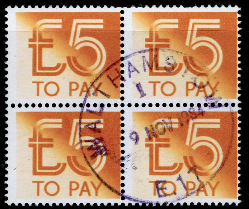 SG D101, £5 dull orange, FINE USED, CDS. BLOCK OF 4.