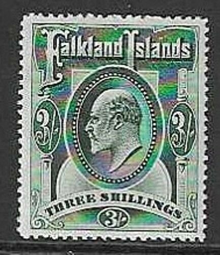 FALKLAND ISLANDS SG49b 1907 3/- DEEP GREEN LIGHTLY MTD MINT