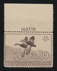 US RW7 $1 Federal Duck Stamp Mint Plate # Single F-VF OG H SCV $95