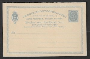 DENMARK - DAN. W. INDIES Postal Stationery: 1883 Unused reply card 2c - 39477