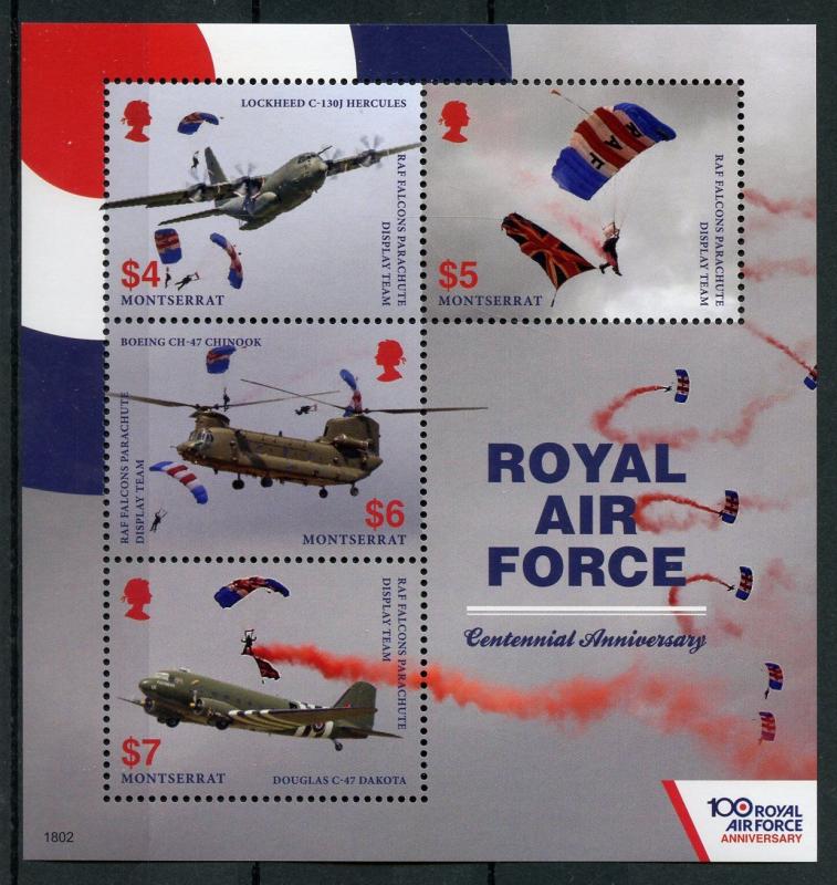 Montserrat 2018 MNH Royal Air Force RAF 100th 4v M/S Helicopters Aviation Stamps