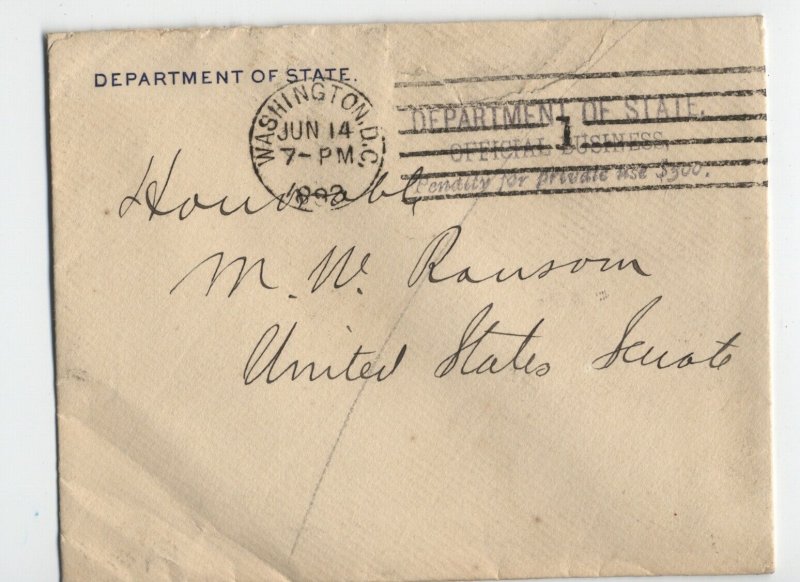 1892 Department of State penalty cover to Senator Ransom [H.1425] 