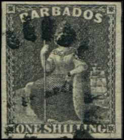Barbados SC#9 Britannia, 1shilling, black, Imperf Used SCV $85.00