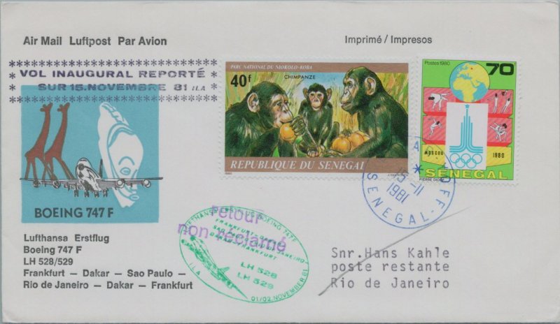 SENEGAL POSTAL HISTORY CACHET FIRST FLIGHT LUFTHANSA COVER ADDR CANCEL YR'1981