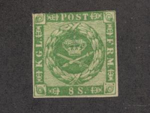 Denmark Sc 8 MLH. 1858 8s green imperf Coat of Arms, fresh, gum crease