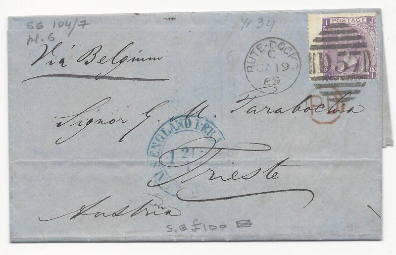 GREAT BRITAIN Scott #45 Pl #6 on Cover to Austria 1869