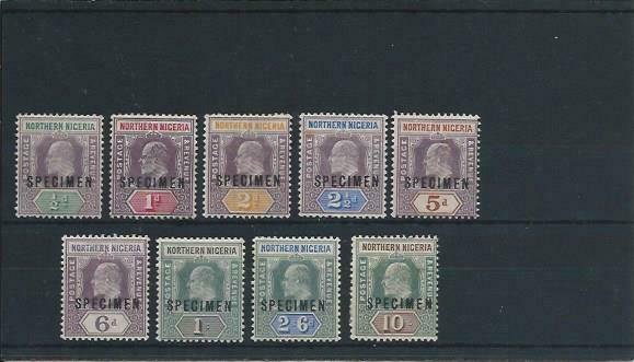 NORTHERN NIGERIA 1902 SET OF NINE OVERPRINTED SPECIMEN MM SG 10s/18s CAT £170