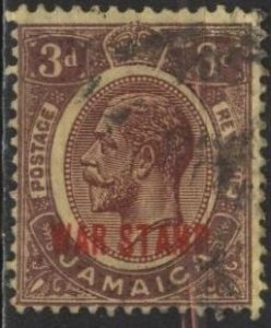 Jamaica MR11 (used) 3p George V, vio on yel paper, ovptd in red (1919)