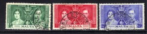 Malta 1937 KGV1 Set used Coronation SG 214 - 216 ( J1480 )