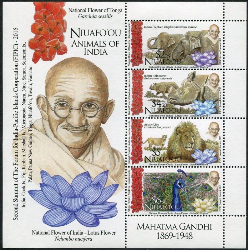 Tonga-Niuafo ou 338a sheet, MNH. Animals of India 2015. Mahatma Gandhi, Lotus.