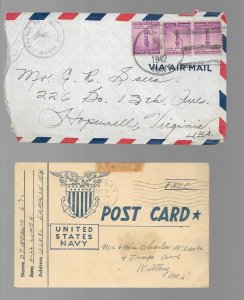 U.S. WW II 3 Covers & 1 Post Card sent by Navy Personnel