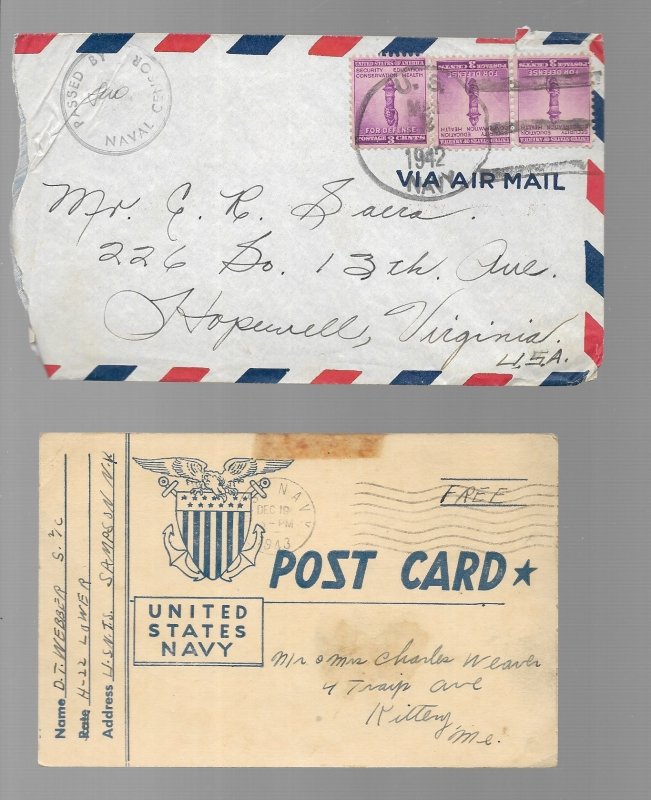 U.S. WW II 3 Covers & 1 Post Card sent by Navy Personnel