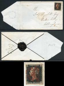 Penny Black (DE) Plate 4 Four Margins with WHITWELL SOLID Centre Cross on Cover