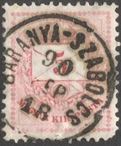 HUNGARY 1881 Sc 20d, 5k rose, used, BARANYA-SZABOLCS Railroad cancel