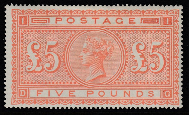 SG 137 £5 orange. A fine mounted mint example being very fresh with good...