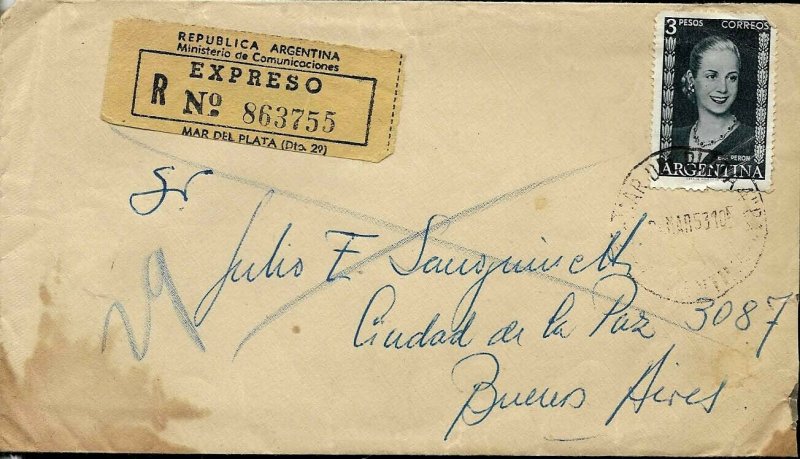 AARG-459 ARGENTINA1953 MAR DEL PLATA-BUENOS AIRES EXPRES  EVA PERON 3 ps ALONE