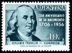 Argentina 660, MNH. Benjamin Franklin, 250th birth anniv, 1956