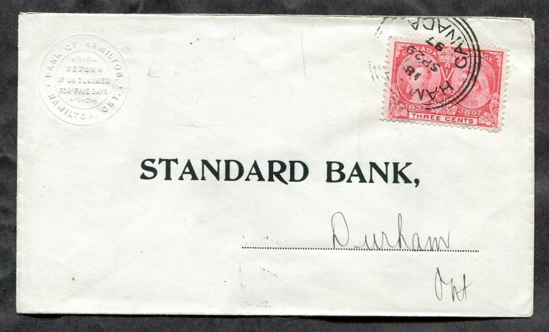p943 - HAMILTON 1897 Jubilee 3c on Bank Cover to Durham