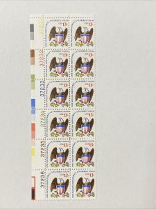 1596D 13Cent Eagle&Shield Line Perf Plate Block Of 12 MNH