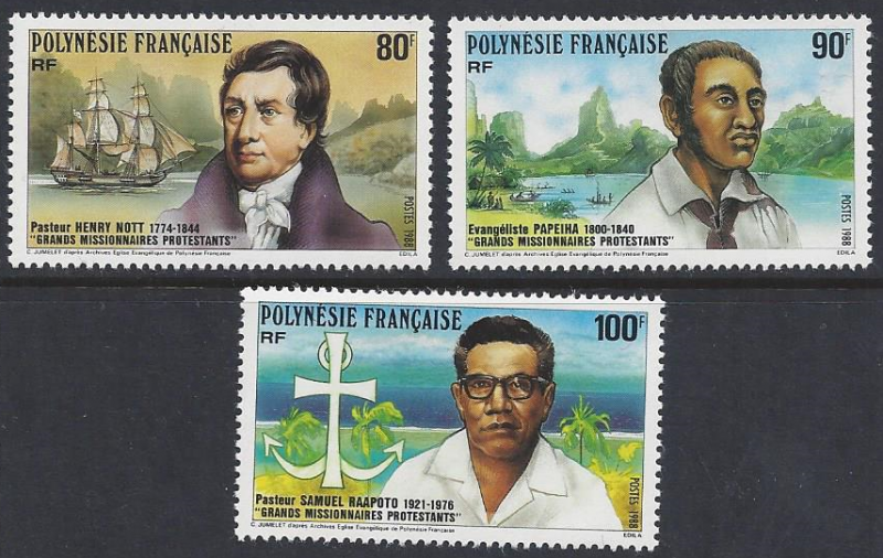 French Polynesia #498-500, MNH set, protestant missionaries, issued 1988