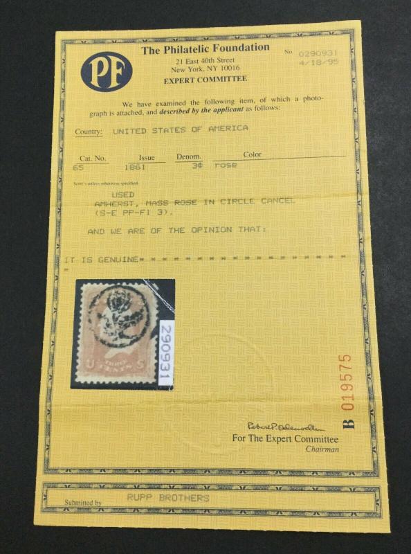 MOMEN: US STAMPS #65 USED PF CERT