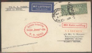 USA Germany 1930 Dampfer Bremen Koeln Catapult Flight Cover 103261