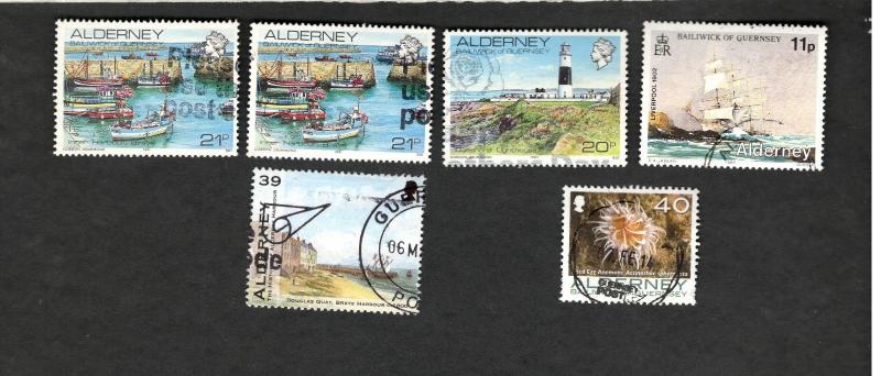 Alderney SC #32 #42-43 #46 #304 #446  SHIPS HARBOUR LIGHTHOUSE used stamps