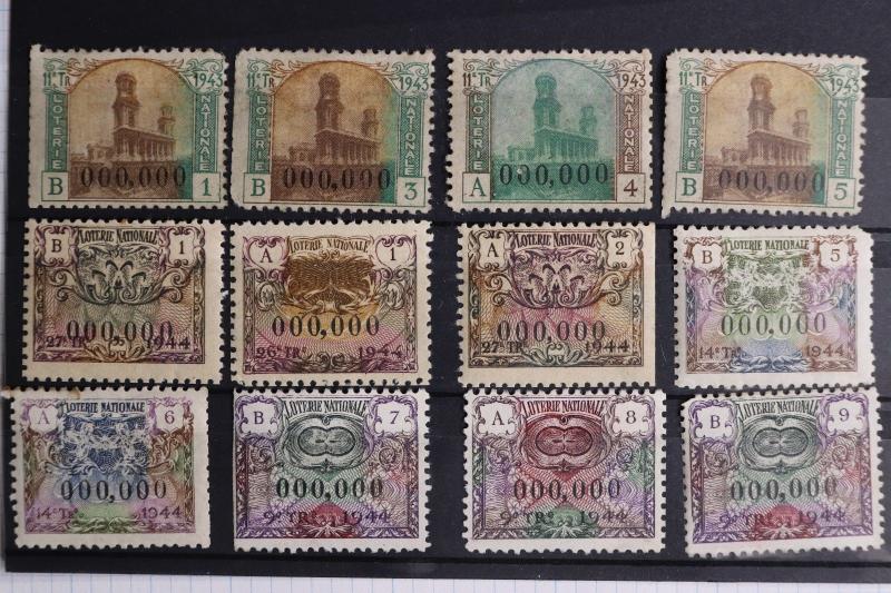 French National Loterie Lottery 1943 1944 lot 12 diff ticket stamps no gum DL