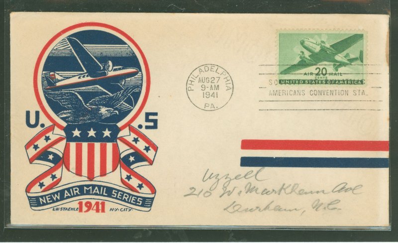 US C29 1941 20c Transport Airmail Ship single on an addressed FDC with a Staehle Cachet.
