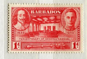 BARBADOS; 1939 early GVI Anniversary issue Mint hinged 1d. value
