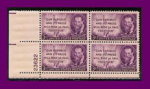 USA 946 Joseph Pulitzer Mint Plate Block VF/XF Centering/NH