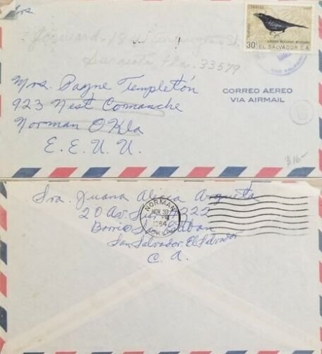 A) 1964, EL SALVADOR, BIRD, LETTER SHIPPED TO NORMAN-UNITED STATES, AIRMAIL, CAN 