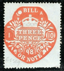 GB QV Revenue Stamp *BLUED PAPER* 3d Red BILL OR NOTE (1898) Mint MM GWHITE28