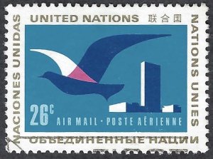 United Nations #C21 26¢ Airmail lssue - Bird in Flight, UN HQ (1974). Used.