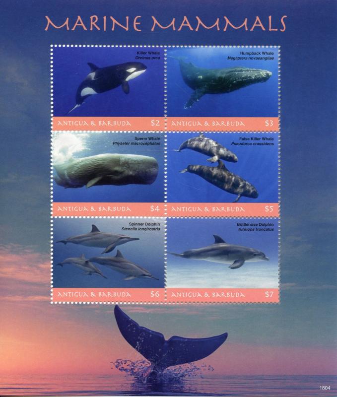 Antigua & Barbuda Whales & Dolphins Stamps 2018 MNH Marine Mammals 6v M/S