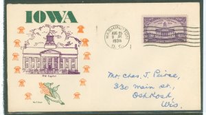 US 838 1938 iowa centennial on an addressed FDC (first day of sale cover, washington, dc cancel), with a raley cachet