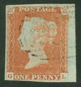 SG 12 1d orange-brown lettered GL. Very fine used. 4 margins very close to...