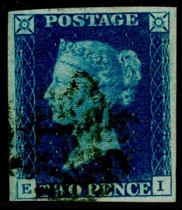 GB 1840 SG4, 2d deep full blue PLATE 2, FINE USED. Cat £1200+ BLACK MX. EI 