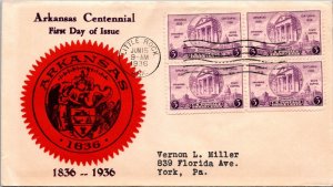 FDC 1936 SC #782 Red Cachet - Little Rock, Ark - Block Of 4 - F75372