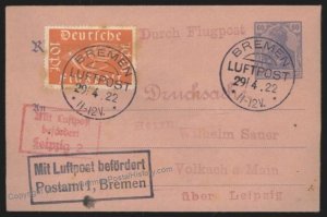 Germany 1922 Airmail Flugpost Cover USED Bremen Leipzig 110169
