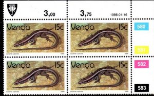 Venda - 1986 Reptiles 10c 1986.01.16 Plate Block MNH** SG 128