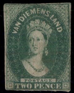 TASMANIA #5, 2p green, unused no gum, a few light tone spots, margins all around