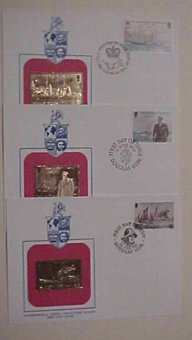 ISLE OF MAN  3 DIFF. FDC GOLD FOIL 1980-1982  CACHET UNADDRESSED